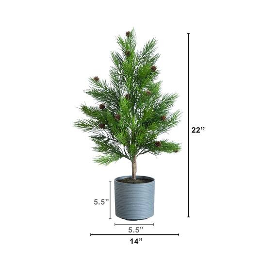 Nearly Natural 22" Artificial Real Touch Cedar Christmas Tree with Pinecones in Gray Decorative Planter